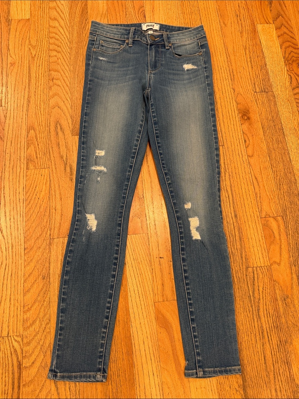 PAIGE Skinny Distressed Jeans Medium Blue Wash 28